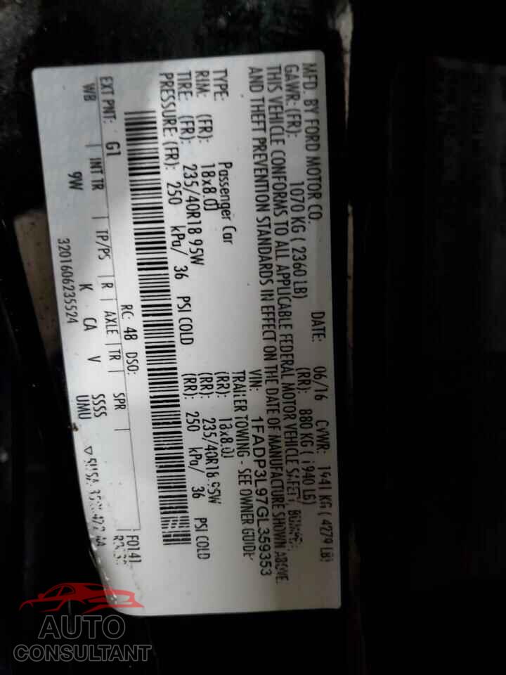 FORD FOCUS 2016 - 1FADP3L97GL359353