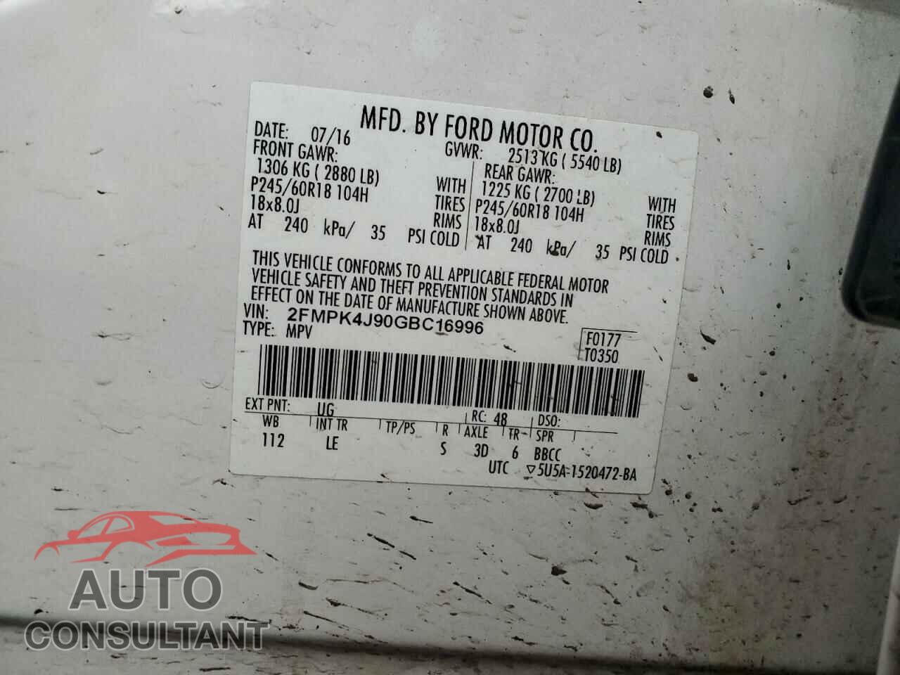 FORD EDGE 2016 - 2FMPK4J90GBC16996