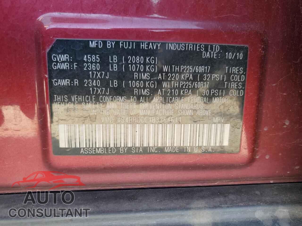 SUBARU OUTBACK 2011 - 4S4BRCCC1B3364611