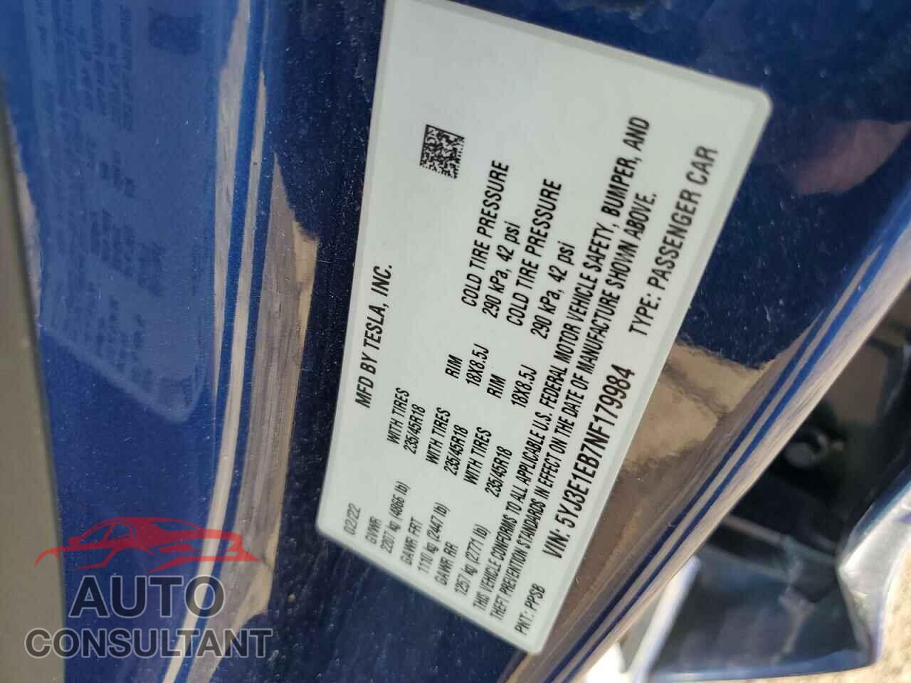 TESLA MODEL 3 2022 - 5YJ3E1EB7NF179984