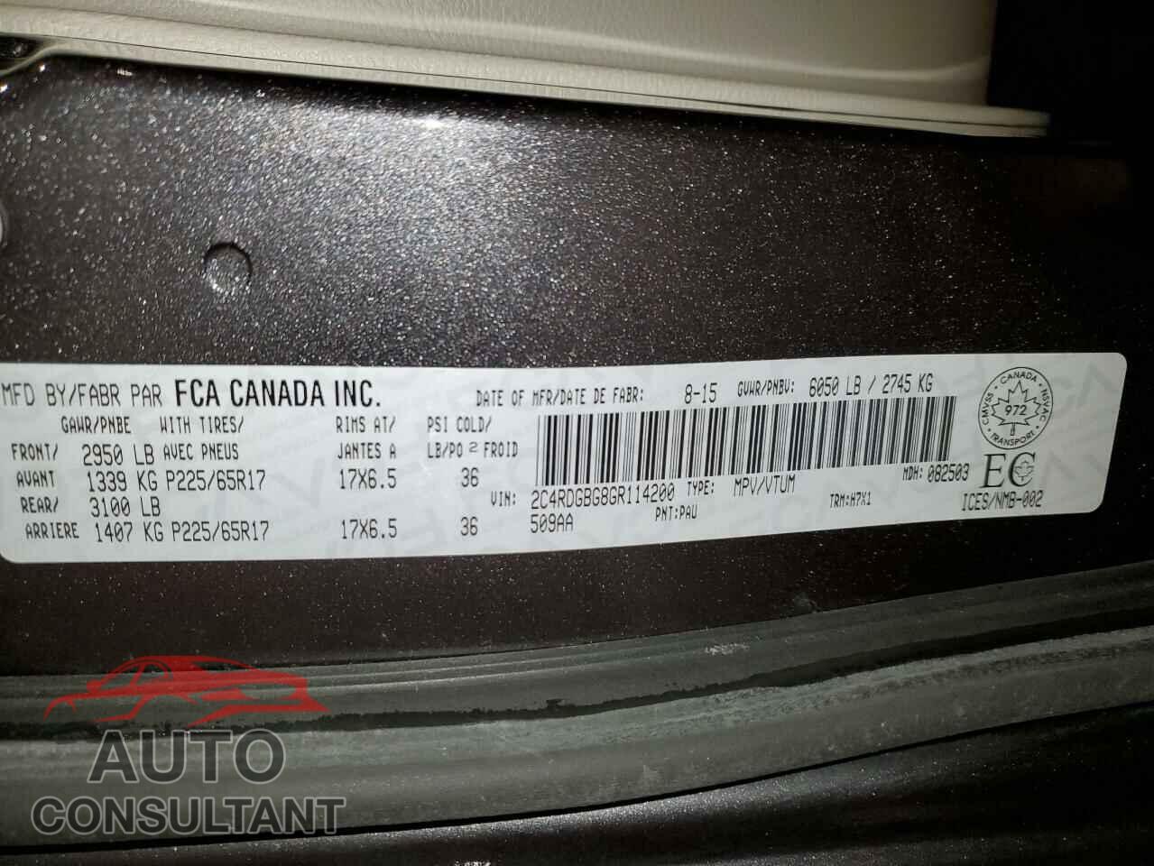 DODGE CARAVAN 2016 - 2C4RDGBG8GR114200