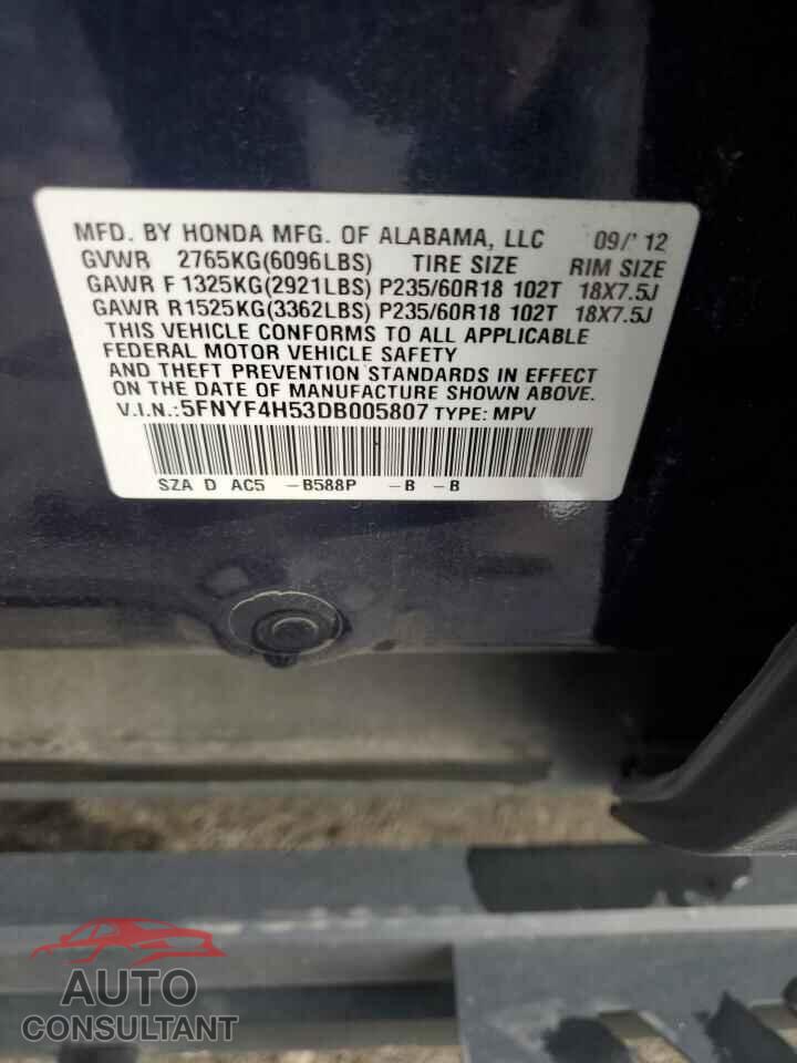 HONDA PILOT 2013 - 5FNYF4H53DB005807