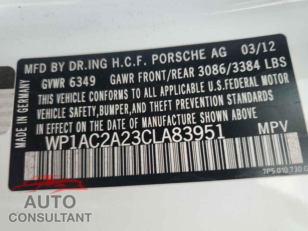 PORSCHE CAYENNE 2012 - WP1AC2A23CLA83951