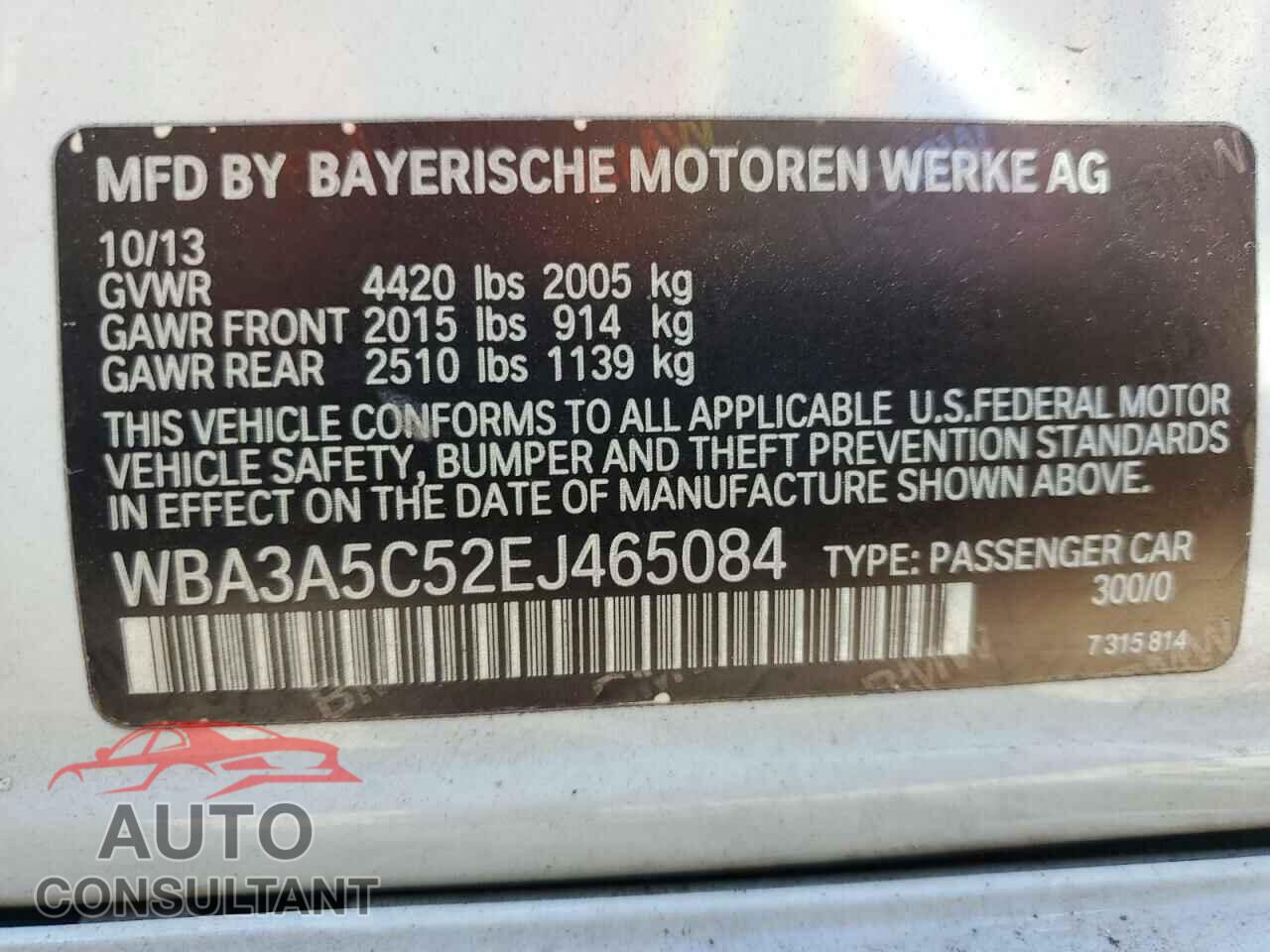 BMW 3 SERIES 2014 - WBA3A5C52EJ465084