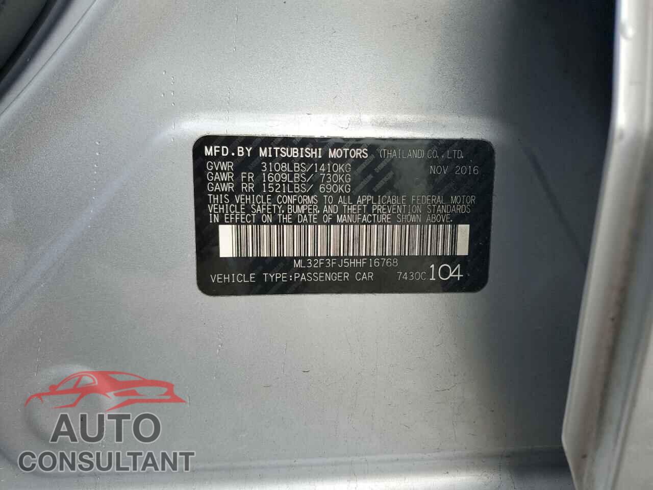 MITSUBISHI MIRAGE 2017 - ML32F3FJ5HHF16768