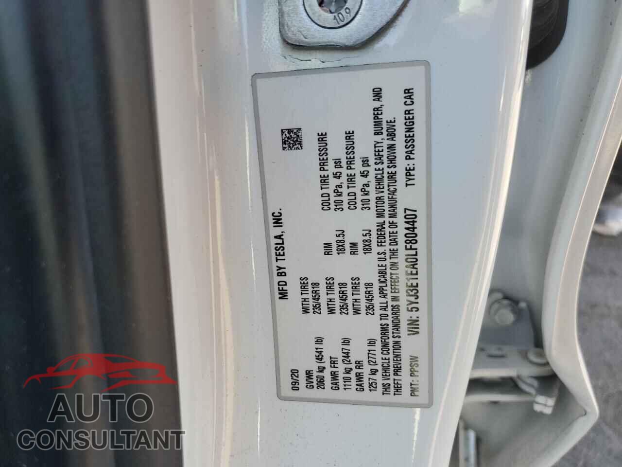 TESLA MODEL 3 2020 - 5YJ3E1EA0LF804407