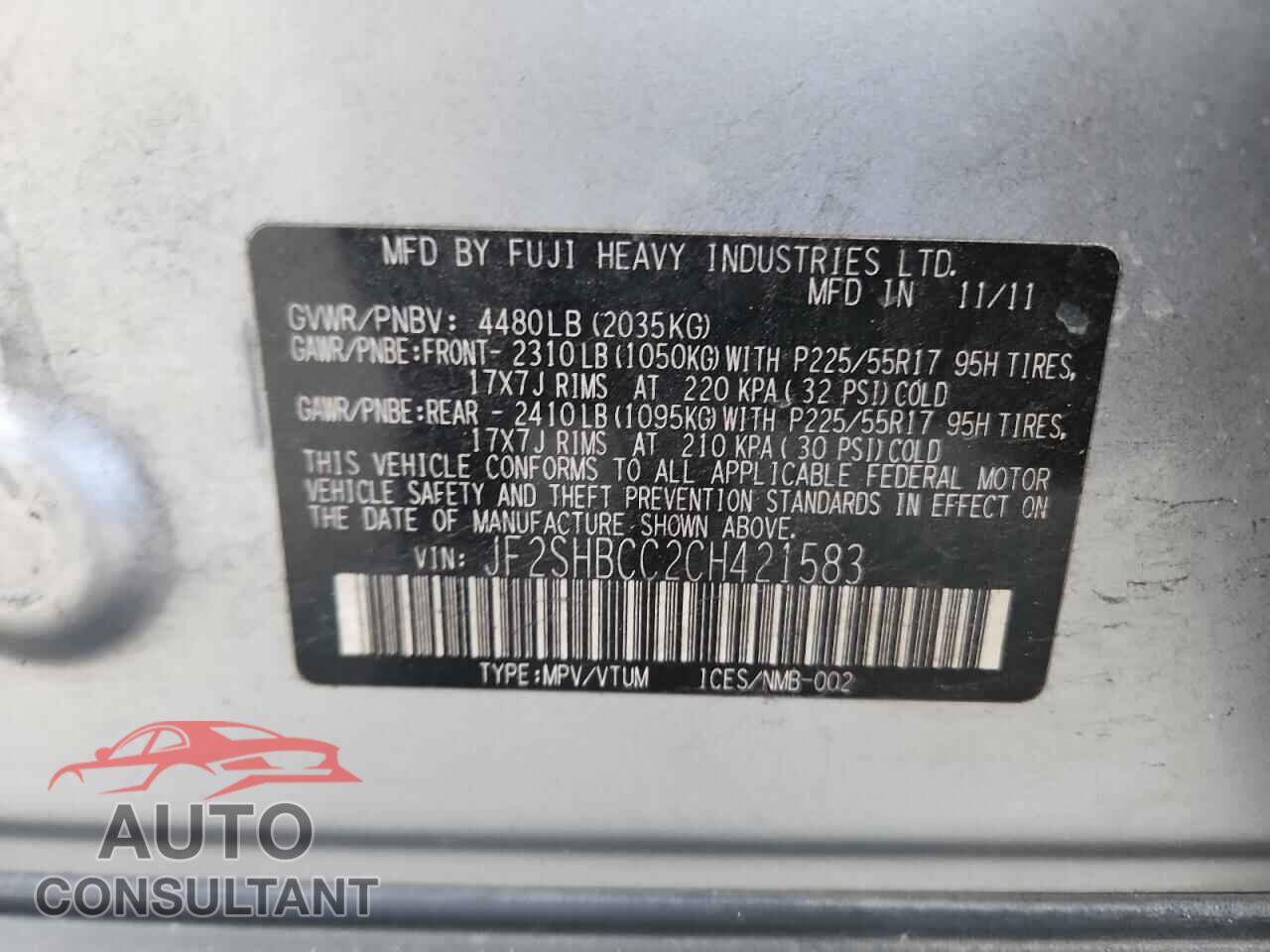 SUBARU FORESTER 2012 - JF2SHBCC2CH421583