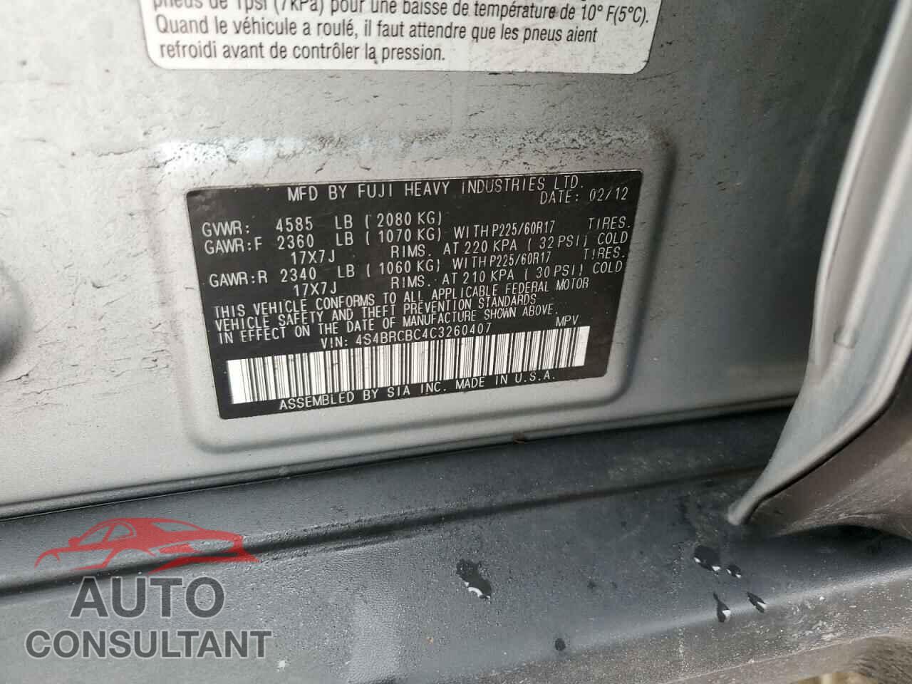 SUBARU OUTBACK 2012 - 4S4BRCBC4C3260407