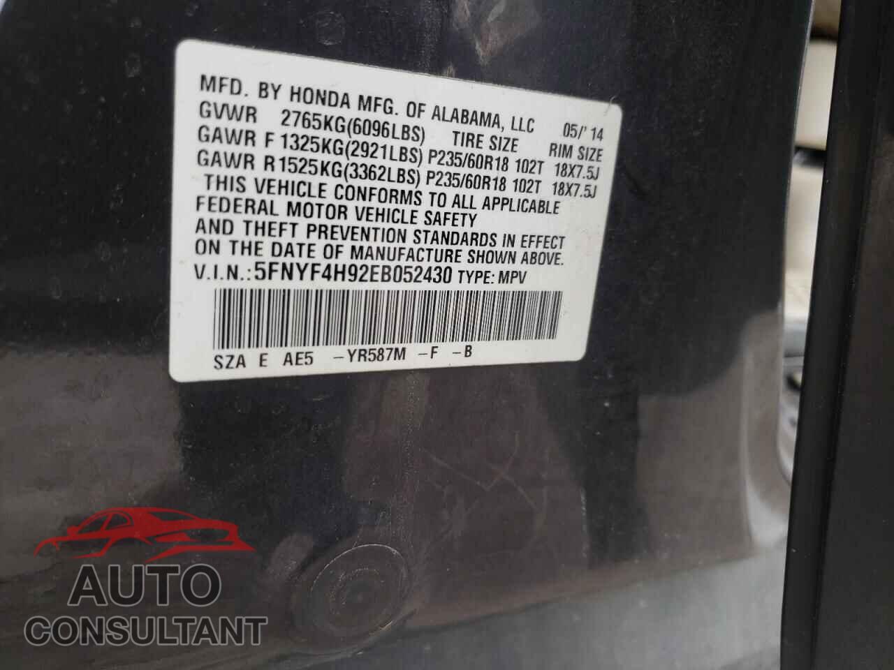 HONDA PILOT 2014 - 5FNYF4H92EB052430