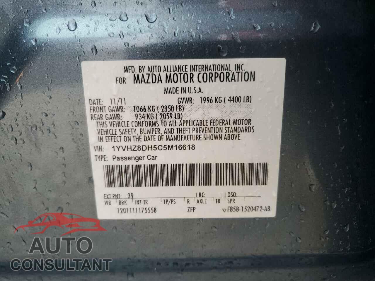 MAZDA 6 2012 - 1YVHZ8DH5C5M16618