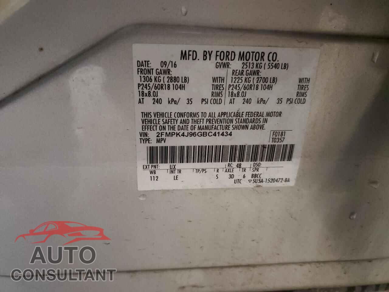FORD EDGE 2016 - 2FMPK4J96GBC41434
