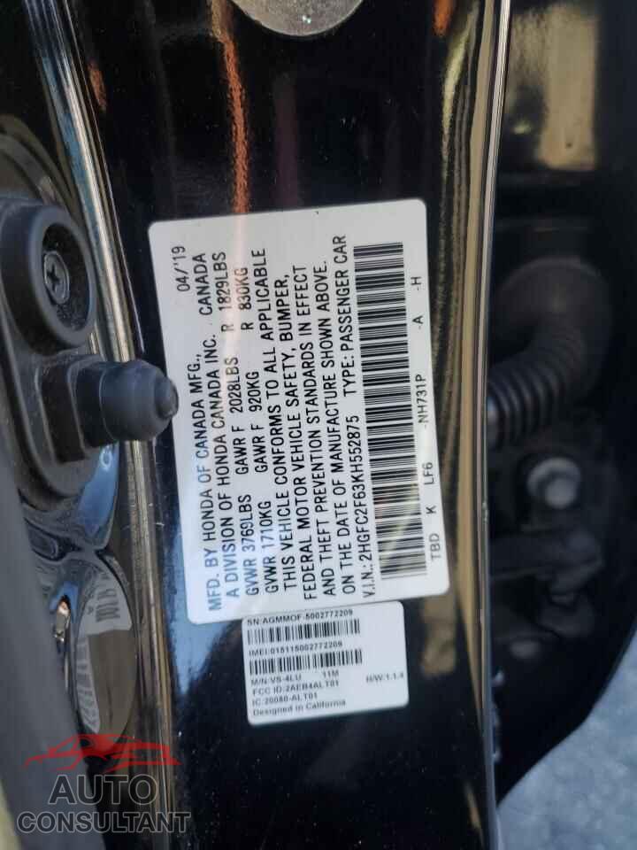 HONDA CIVIC 2019 - 2HGFC2F63KH552875