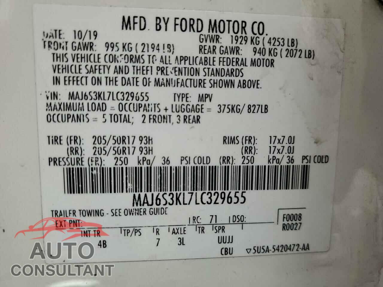 FORD ECOSPORT 2020 - MAJ6S3KL7LC329655