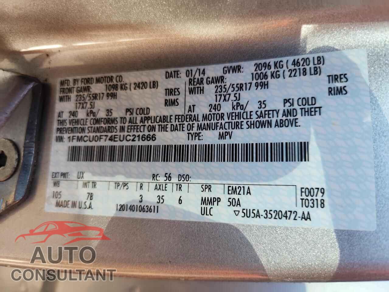 FORD ESCAPE 2014 - 1FMCU0F74EUC21666