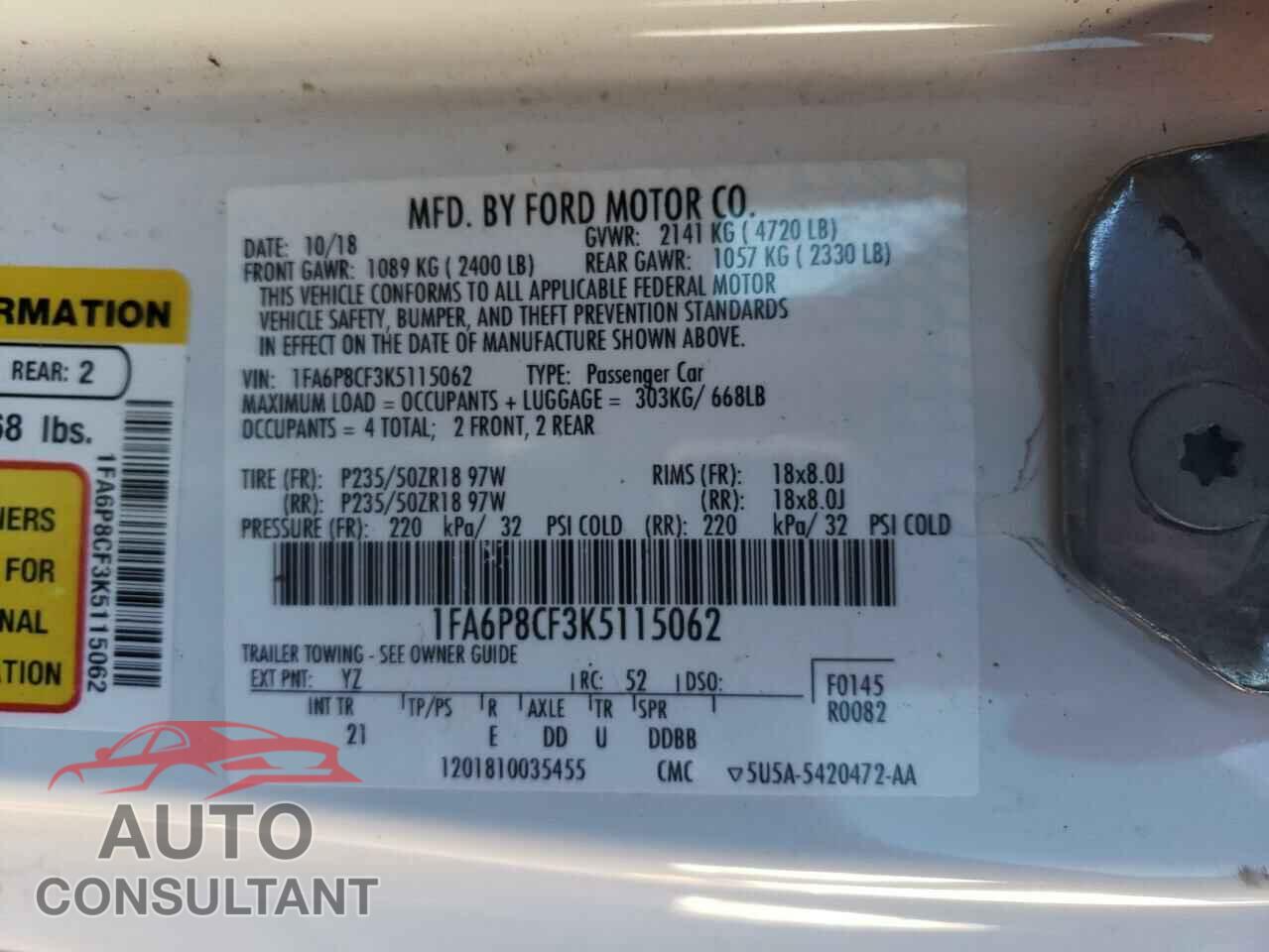 FORD MUSTANG 2019 - 1FA6P8CF3K5115062