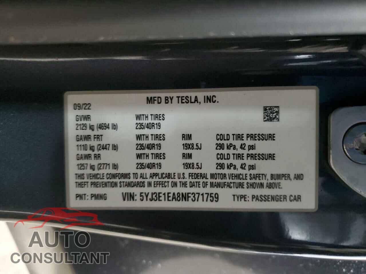 TESLA MODEL 3 2022 - 5YJ3E1EA8NF371759