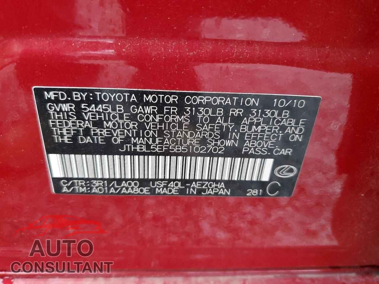 LEXUS LS460 2011 - JTHBL5EF5B5102702