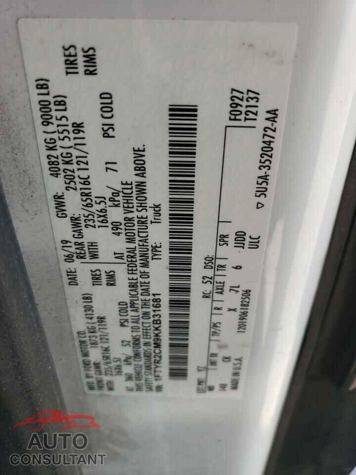 FORD TRANSIT 2019 - 1FTYR2CM9KKB31681