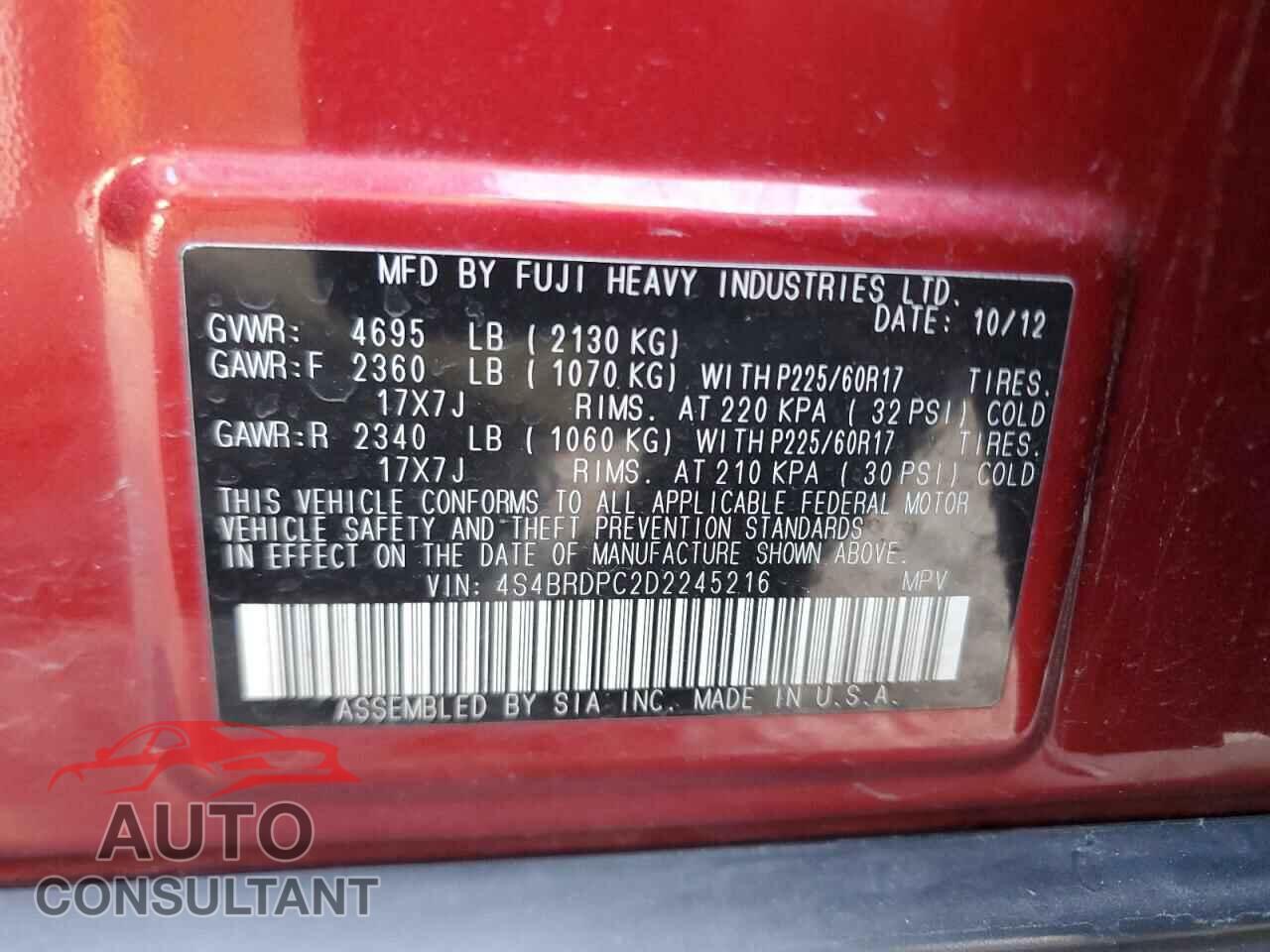 SUBARU OUTBACK 2013 - 4S4BRDPC2D2245216