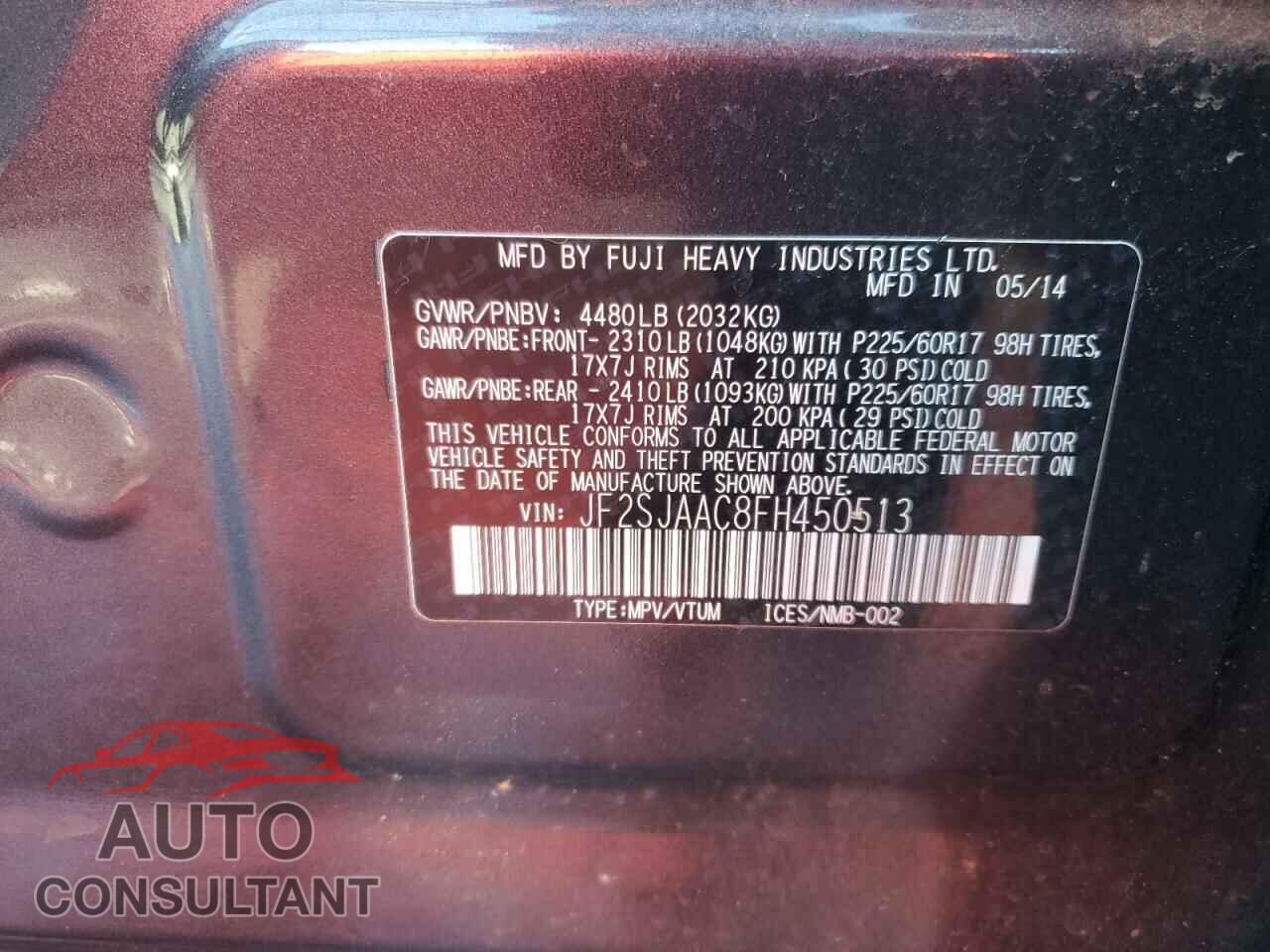 SUBARU FORESTER 2015 - JF2SJAAC8FH450513