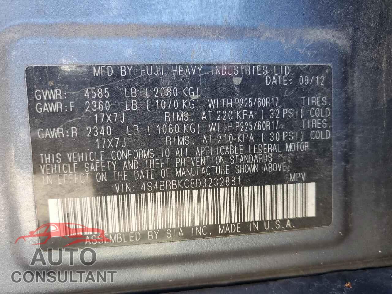 SUBARU OUTBACK 2013 - 4S4BRBKC8D3232881