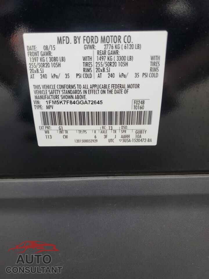 FORD EXPLORER 2016 - 1FM5K7F84GGA72645