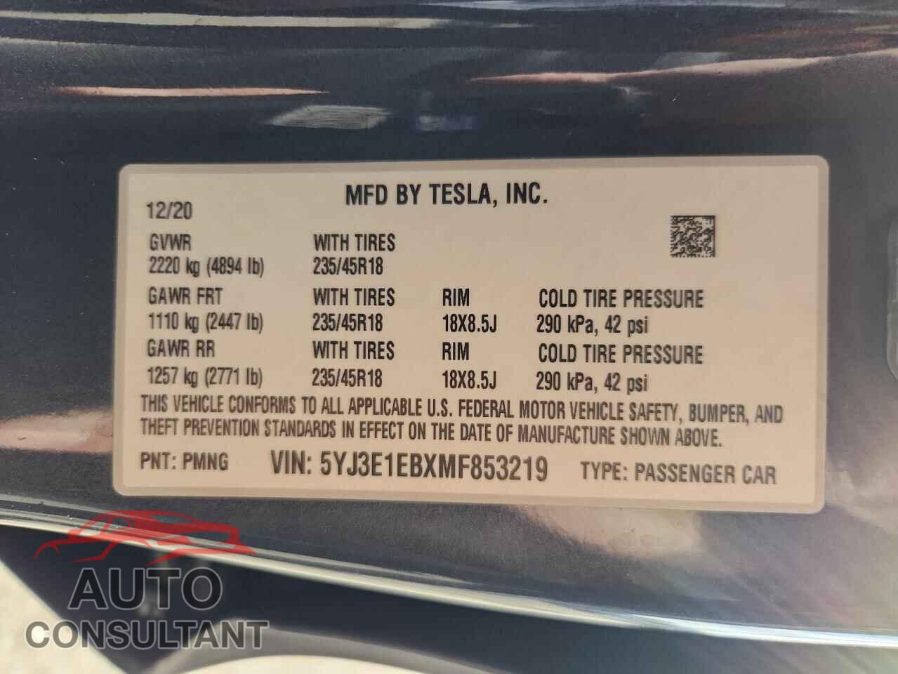 TESLA MODEL 3 2021 - 5YJ3E1EBXMF853219