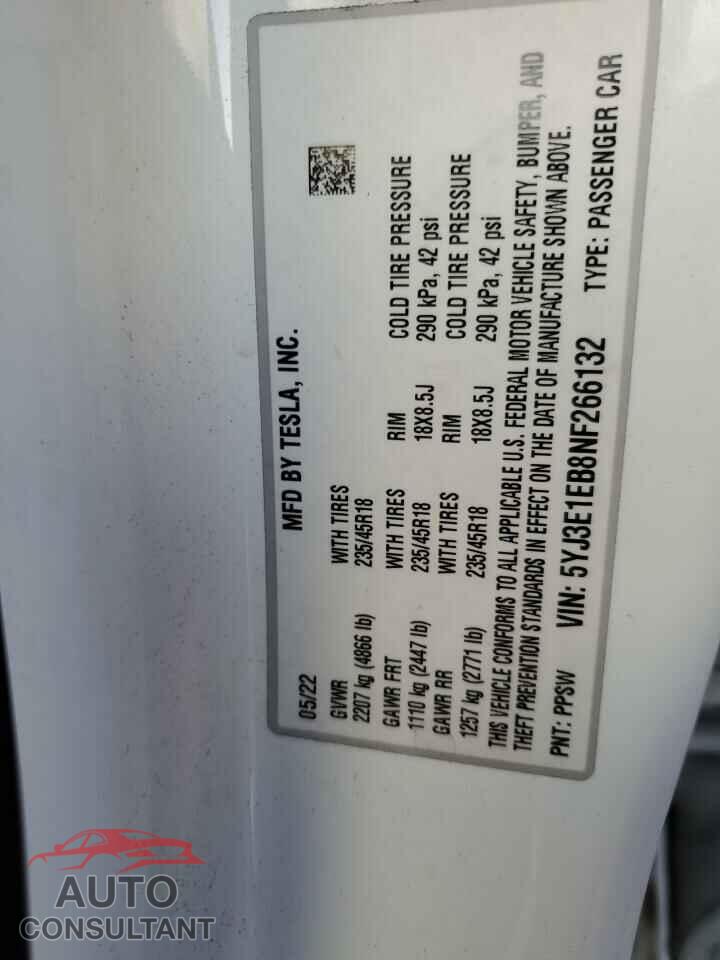 TESLA MODEL 3 2022 - 5YJ3E1EB8NF266132