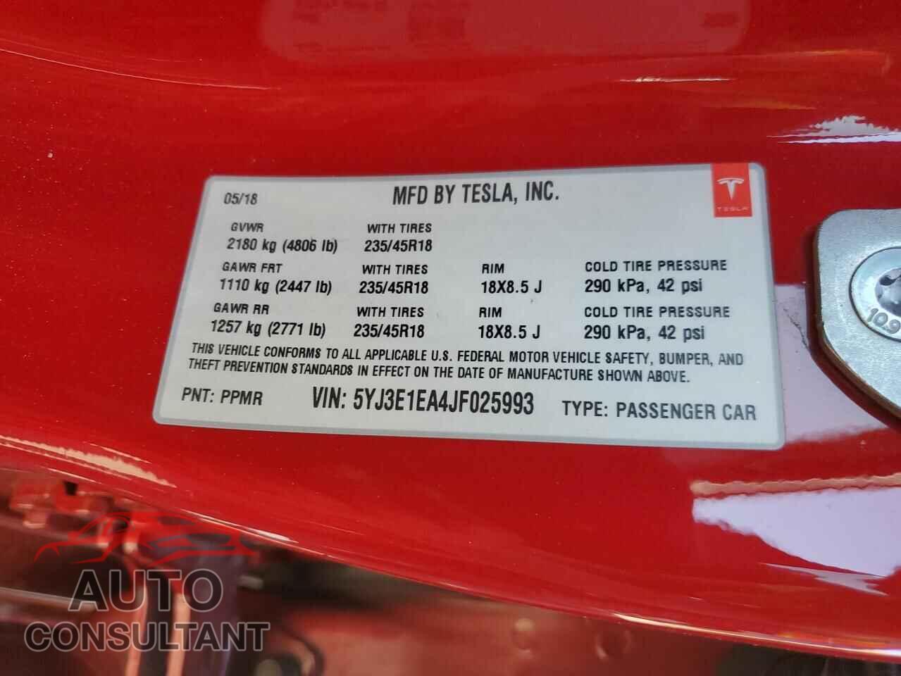 TESLA MODEL 3 2018 - 5YJ3E1EA4JF025993