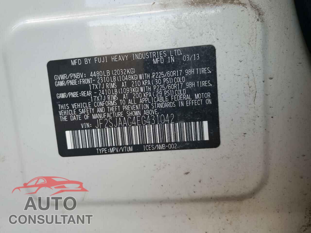 SUBARU FORESTER 2014 - JF2SJAAC4EG431042
