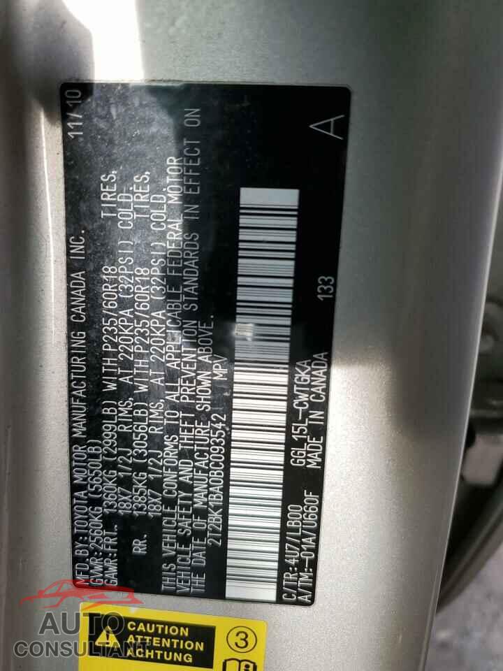 LEXUS RX350 2011 - 2T2BK1BA0BC093542