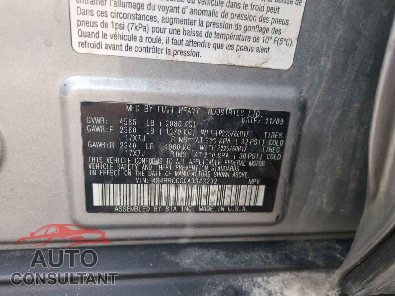 SUBARU OUTBACK 2010 - 4S4BRCCC0A3343232