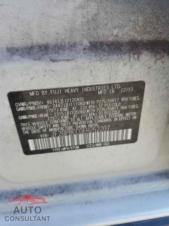 SUBARU XV 2014 - JF2GPBCC0EH252207