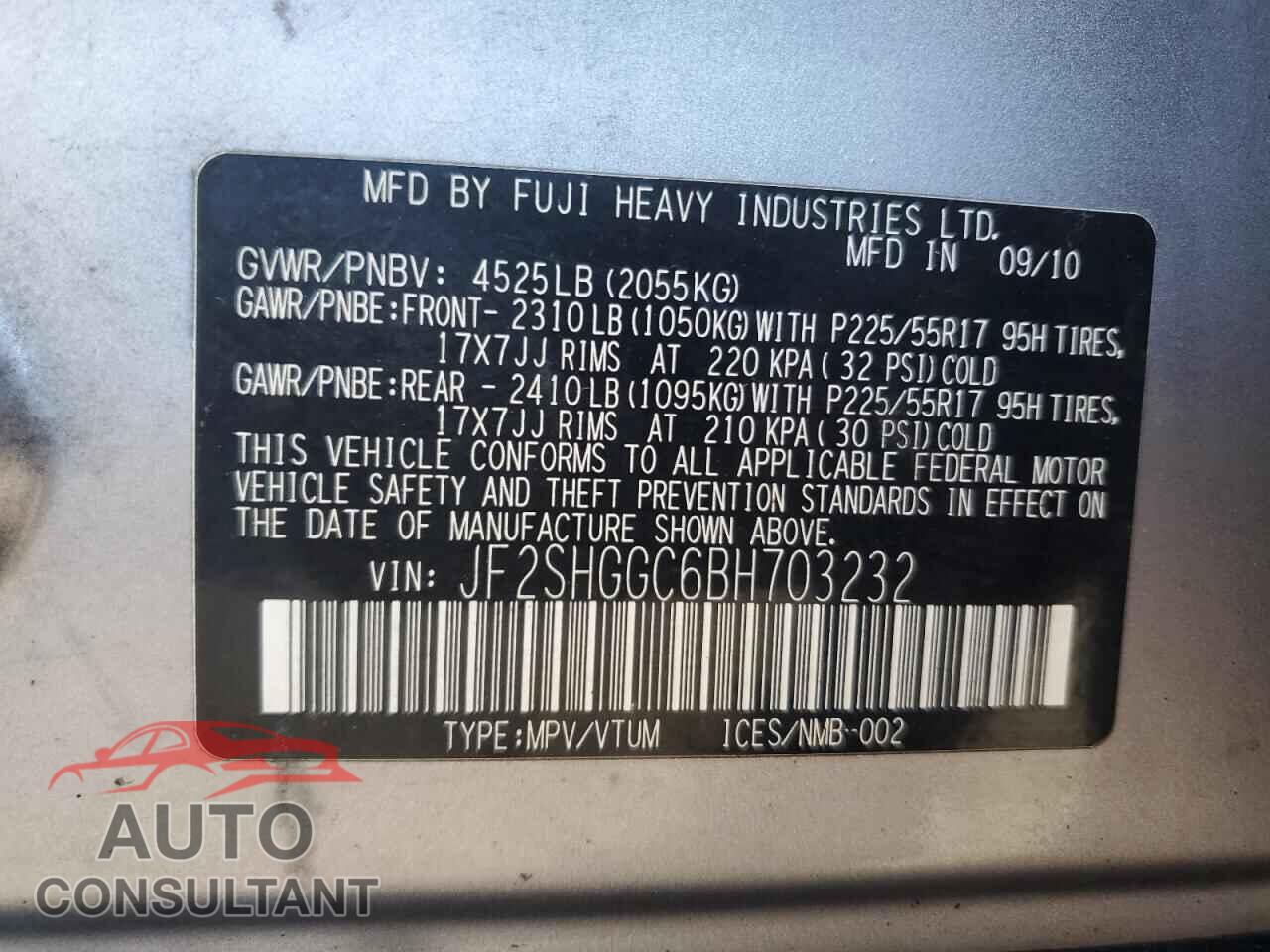 SUBARU FORESTER 2011 - JF2SHGGC6BH703232
