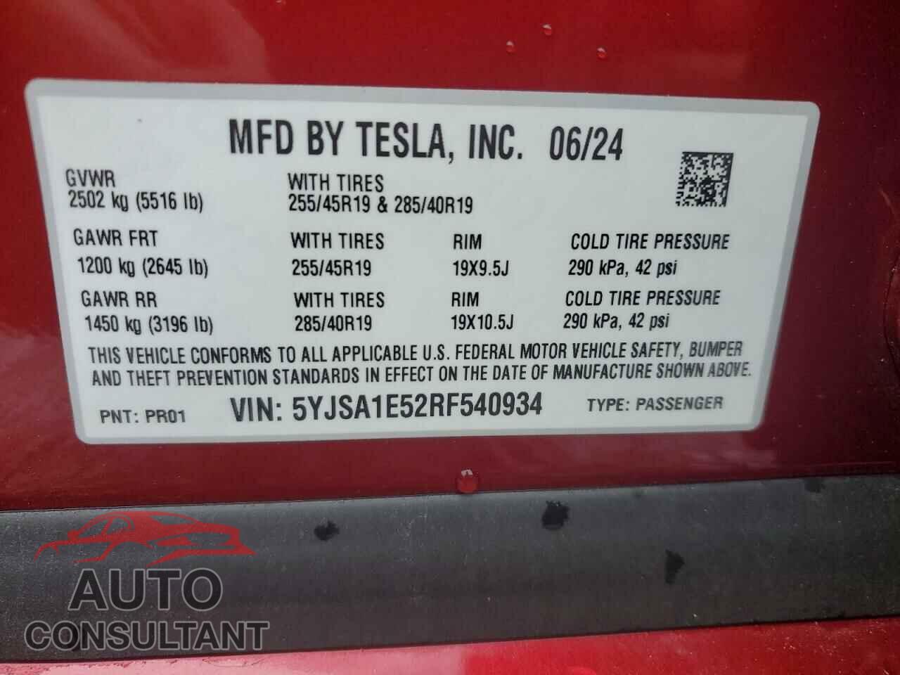 TESLA MODEL S 2024 - 5YJSA1E52RF540934