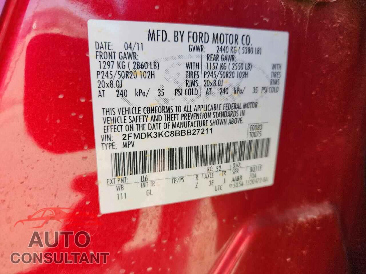FORD EDGE 2011 - 2FMDK3KC8BBB27211