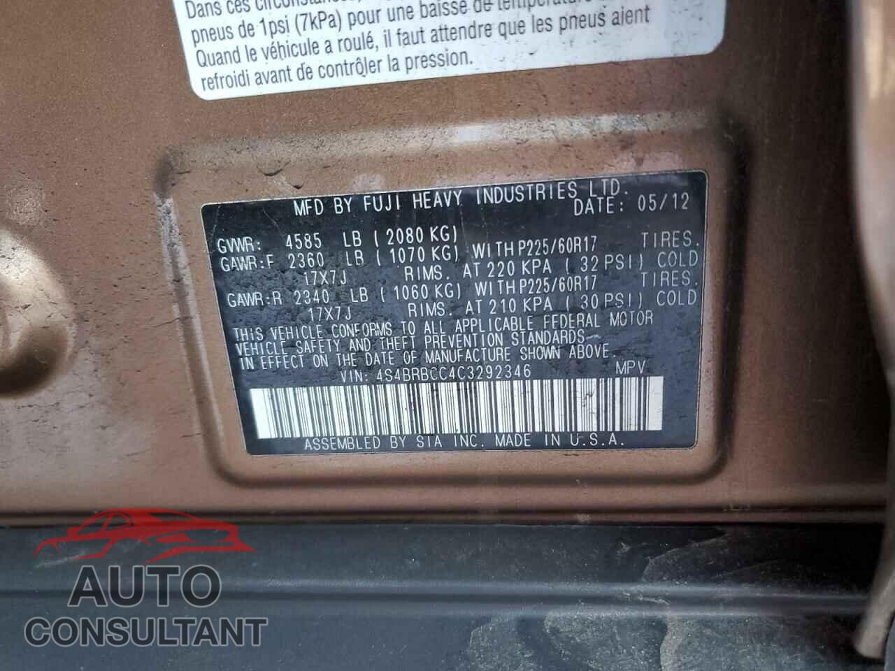 SUBARU OUTBACK 2012 - 4S4BRBCC4C3292346