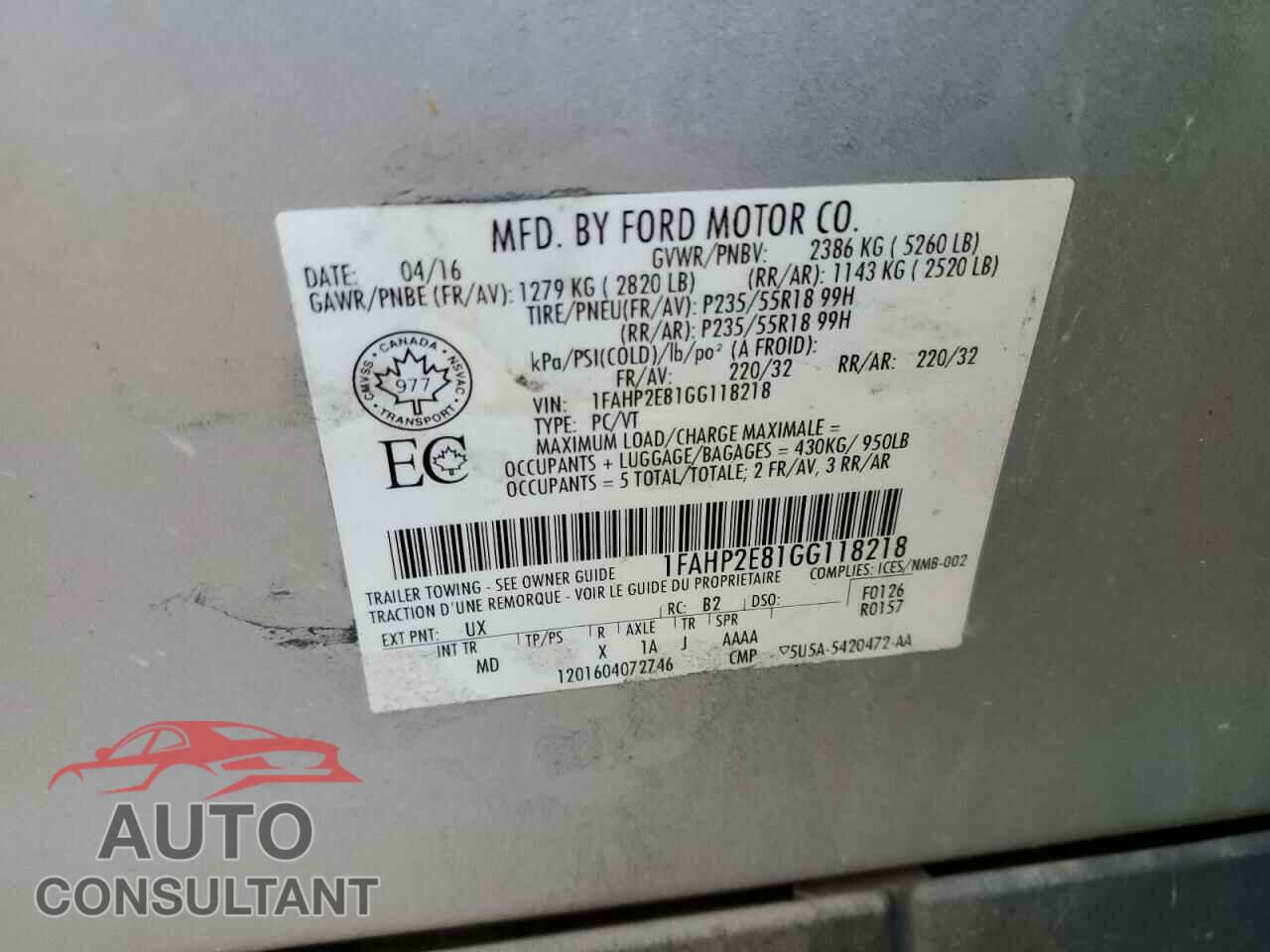 FORD TAURUS 2016 - 1FAHP2E81GG118218