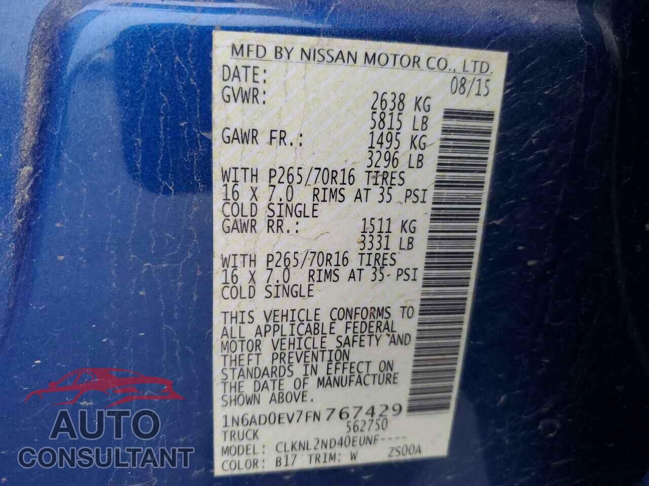 NISSAN FRONTIER 2015 - 1N6AD0EV7FN767429