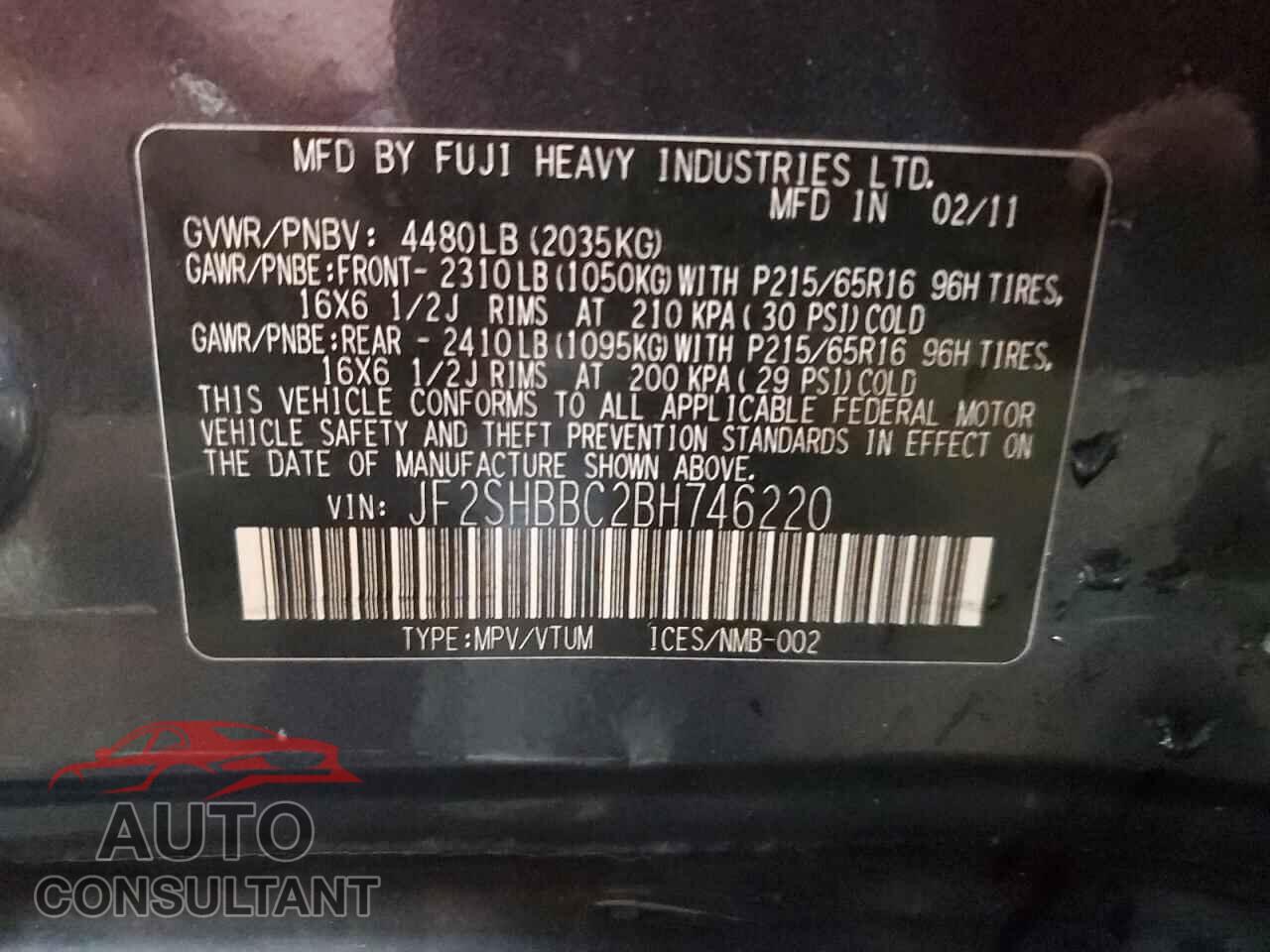 SUBARU FORESTER 2011 - JF2SHBBC2BH746220