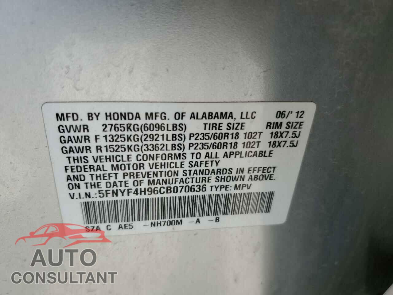 HONDA PILOT 2012 - 5FNYF4H96CB070636