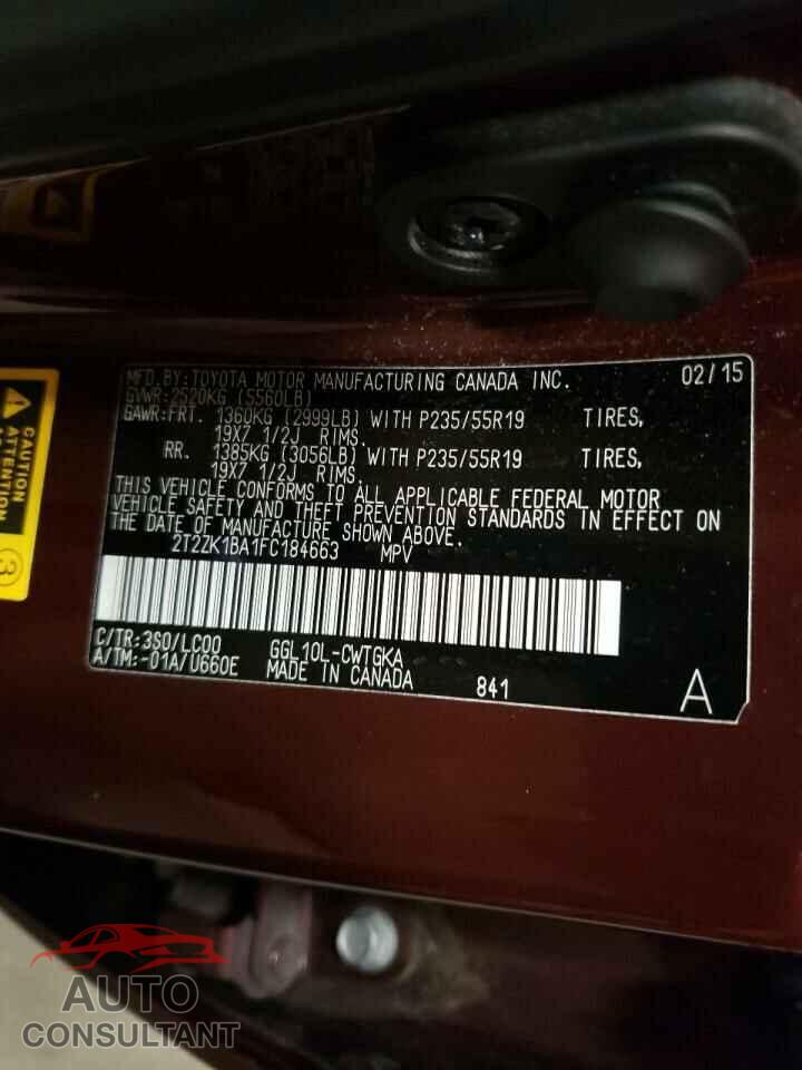 LEXUS RX350 2015 - 2T2ZK1BA1FC184663