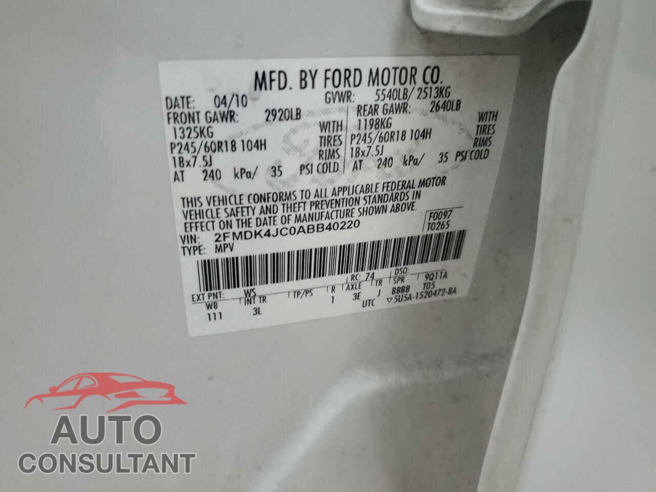 FORD EDGE 2010 - 2FMDK4JC0ABB40220