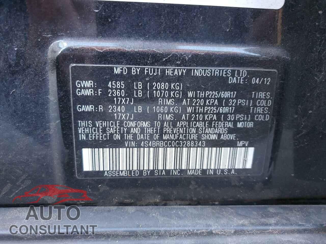 SUBARU OUTBACK 2012 - 4S4BRBCC0C3288343