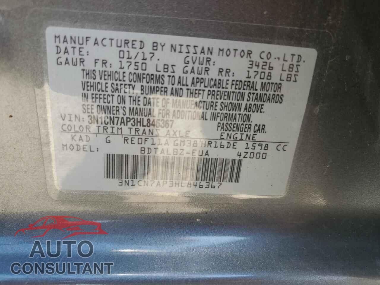 NISSAN VERSA 2017 - 3N1CN7AP3HL846367