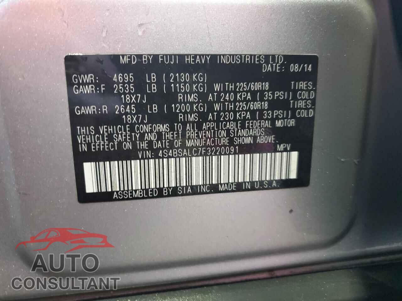 SUBARU OUTBACK 2015 - 4S4BSALC7F3220091