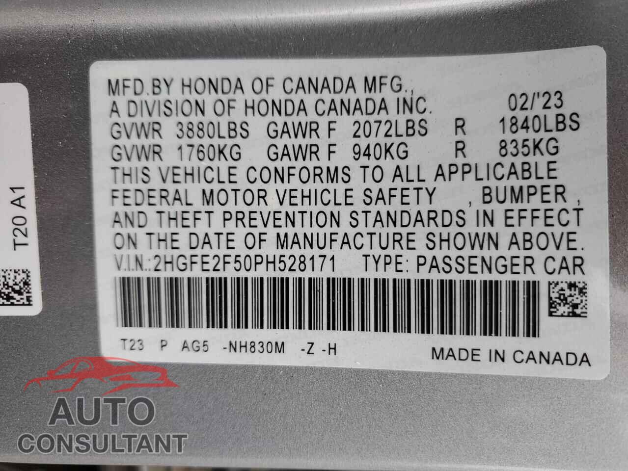 HONDA CIVIC 2023 - 2HGFE2F50PH528171