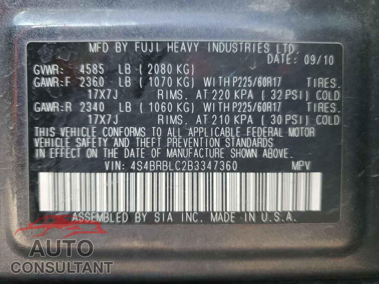 SUBARU OUTBACK 2011 - 4S4BRBLC2B3347360