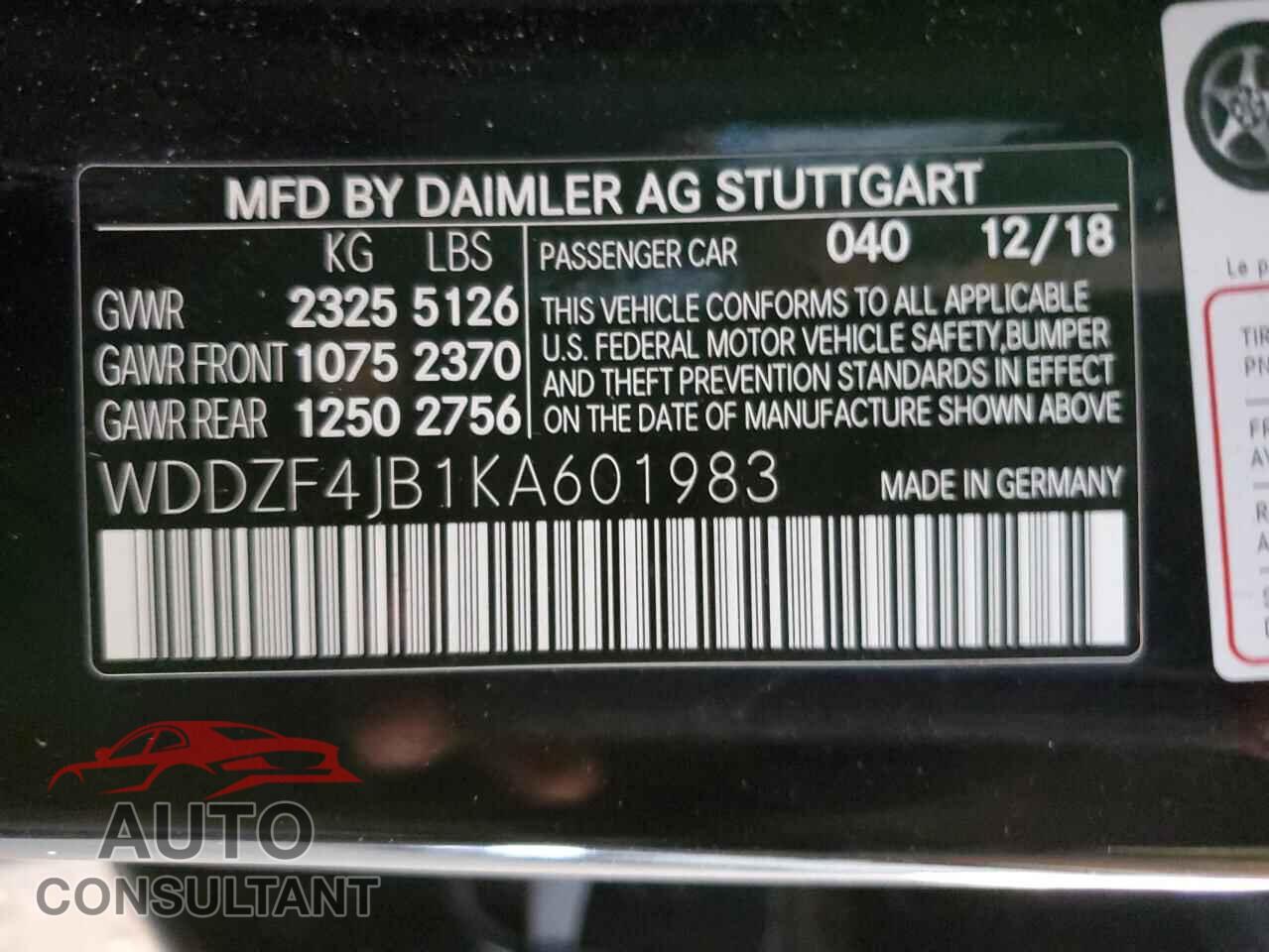 MERCEDES-BENZ E-CLASS 2019 - WDDZF4JB1KA601983