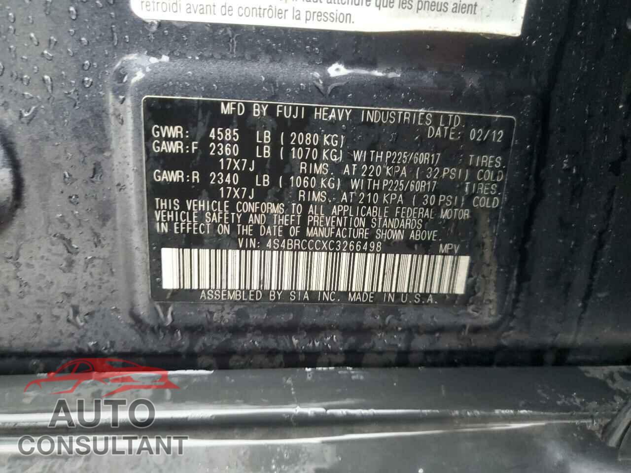 SUBARU OUTBACK 2012 - 4S4BRCCCXC3266498